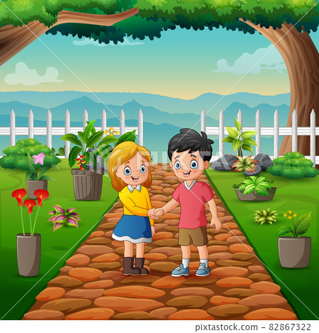 Cartoon two teenagers shaking hands on a park... - Stock Illustration ...