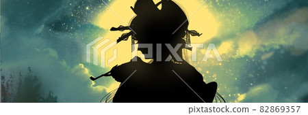A paper-cut illustration of an oiran with a flashy hair ornament that blows a smoke tube against a suspiciously shining full moon A paper-cut illustration of an oiran with a flashy hair ornament that blows a smoke tube against a suspiciously shining full moon 82869357