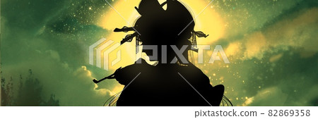 A paper-cut illustration of an oiran with a flashy hair ornament that blows a smoke tube against a suspiciously shining full moon A paper-cut illustration of an oiran with a flashy hair ornament that blows a smoke tube against a suspiciously shining full moon 82869358