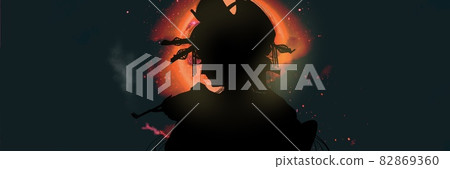 A paper-cut illustration of an oiran with a flashy hair ornament that blows a smoke tube against a suspiciously shining full moon A paper-cut illustration of an oiran with a flashy hair ornament that blows a smoke tube against a suspiciously shining full moon 82869360