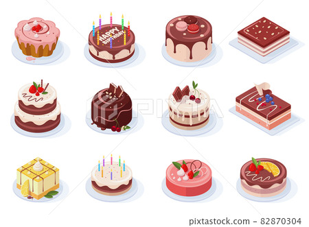 Isometric birthday event tasty strawberry, vanilla, chocolate cakes. Delicious 3d frosted party cakes vector illustration set. Sweet birthday cakes Isometric birthday event tasty strawberry, vanilla, chocolate cakes. Delicious 3d frosted party cakes vector illustration set. Sweet birthday cakes 82870304
