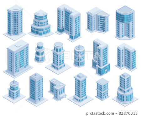 Isometric city urban skyscrapers, buildings and modern architecture towers. Skyscrapers architecture facades, urban buildings vector illustration set. Futuristic skyscrapers 82870315