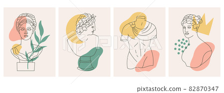 Ancient greek gods sculptures, statues abstract posters. Antique goddesses statue and sculpture contemporary posters vector illustration set. Abstract antique sculpture cards 82870347