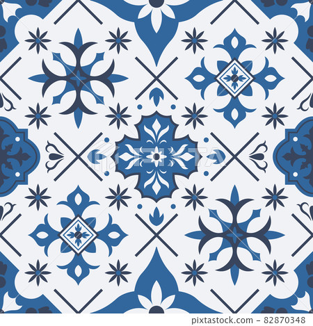 Traditional azulejo, talavera mediterranean ceramic tile seamless pattern. Porcelain ceramic ethnic ornament tile vector background illustration. Patchwork tile pattern 82870348