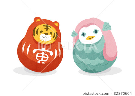 Illustration of a tiger and an amabie daruma 82870604