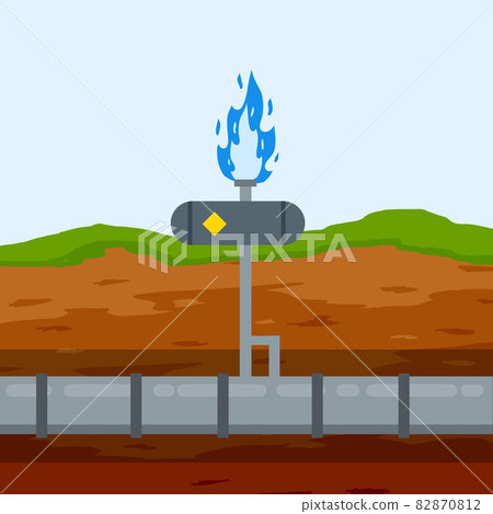 Gas pipeline and equipment. Gasmain with blue fire. Industrial transportation of gas in pipe underground. Cross-sectional view. Flat infographics 82870812