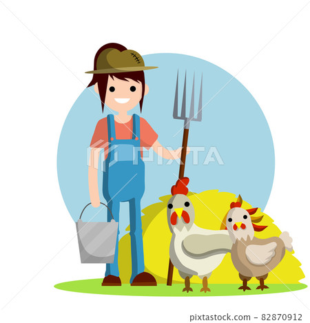 Young woman in blue farmer overalls stands with pitchfork in hands next to yellow haystack. Type of rural profession. Bucket and country life. Farm animals chicken. Cartoon flat illustration Young woman in blue farmer overalls stands with pitchfork in hands next to yellow haystack. Type of rural profession. Bucket and country life. Farm animals chicken. Cartoon flat illustration 82870912