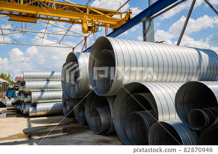 Ventilation pipe warehouse. Steel pipes, parts for the construction of air ducts for an industrial 82870946