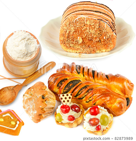 Confectionery and sweet pastries isolated on white . Collage. Confectionery and sweet pastries isolated on white . Collage. 82873989