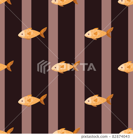 Seamless pattern fish on stripes brown background. Modern ornament with sea animals. Seamless pattern fish on stripes brown background. Modern ornament with sea animals. 82874043