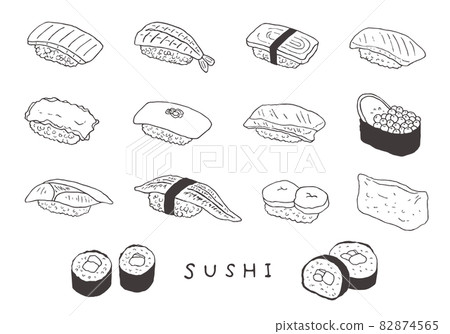 Hand-drawn illustrations of various sushi (monochrome) 82874565