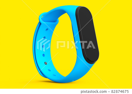 Blue fitness tracker or smart watch with heart rate monitor isolated on yellow background. 3d render of sport equipment for active training and wearable device. 82874675