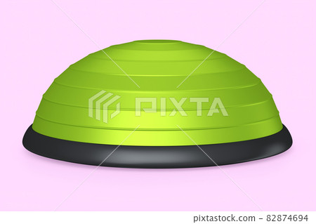 Green half fitball or fitness ball isolated pink background. 3d rendering of sport equipment for fitness, yoga and active workout Green half fitball or fitness ball isolated pink background. 3d rendering of sport equipment for fitness, yoga and active workout 82874694