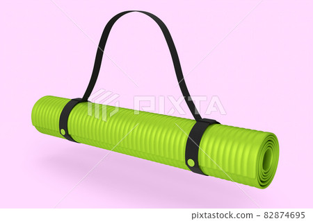 Green yoga mat or lightweight foam camping bed roll pad isolated on pink background. 3d rendering of sport equipment for fitness, yoga and active workout Green yoga mat or lightweight foam camping bed roll pad isolated on pink background. 3d rendering of sport equipment for fitness, yoga and active workout 82874695