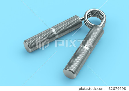 Iron hand expander or resistance band isolated on blue background. 3d rendering of sport equipment for fitness, trx and powerlifting 82874698