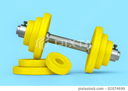 Metal dumbbell with yellow disks isolated on blue background. 3d rendering of sport equipment for fitness and powerlifting 82874699