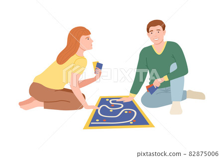 Family couple sitting on floor and playing adventure board game. People spending pastime together at home cartoon vector illustration 82875006