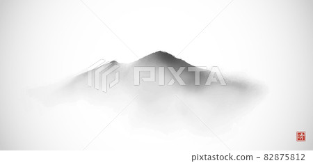 Far misty mountains hand drawn with ink in simple and clean minimalist style. Traditional oriental ink painting sumi-e, u-sin, go-hua. Hieroglyph - clarity. 82875812
