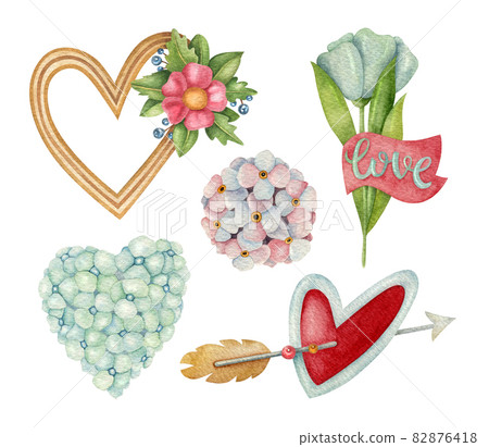 Watercolor set on the light background. Bright hand-painted illustration with heart, flower, arrow, and love lettering. 82876418