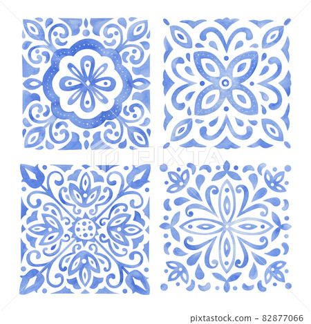 Watercolor set of blue ornaments in ethnic... - Stock Illustration ...