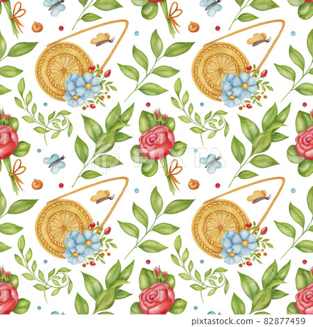 Seamless watercolor pattern with rose, flower, bag, butterfly, and leaf on light background. Bright summer illustration. Ideal for postcards, greeting cards, wrapping and other design. Seamless watercolor pattern with rose, flower, bag, butterfly, and leaf on light background. Bright summer illustration. Ideal for postcards, greeting cards, wrapping and other design. 82877459