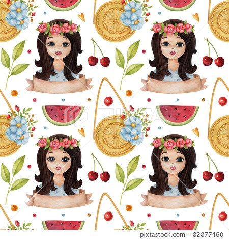 Seamless watercolor pattern with girl, watermelon,leaf, cherry and summer bag on light background. Bright summer illustration. Ideal for children's textile, wrapping, and other designs. Seamless watercolor pattern with girl, watermelon,leaf, cherry and summer bag on light background. Bright summer illustration. Ideal for children's textile, wrapping, and other designs. 82877460