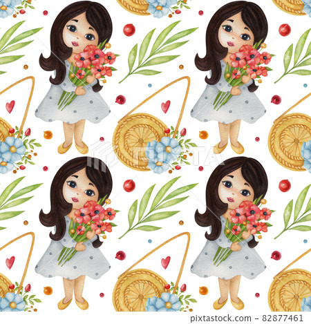 Seamless watercolor pattern with girl, leaf, and summer bag on white background. Bright summer illustration. Ideal for children's textile, wrapping, and other designs. Seamless watercolor pattern with girl, leaf, and summer bag on white background. Bright summer illustration. Ideal for children's textile, wrapping, and other designs. 82877461