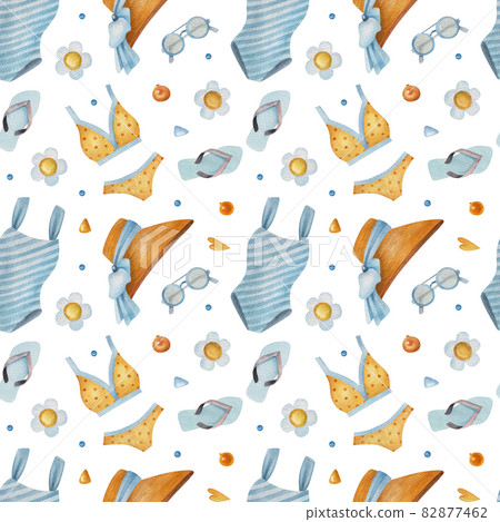 Seamless watercolor pattern with flip flop, summer hat, bikini, flower and glasses on light background. Bright summer illustration. Ideal for postcards, greeting cards, wrapping and other design. Seamless watercolor pattern with flip flop, summer hat, bikini, flower and glasses on light background. Bright summer illustration. Ideal for postcards, greeting cards, wrapping and other design. 82877462
