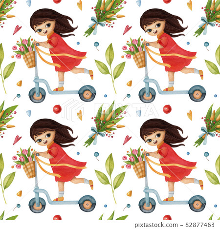 Seamless watercolor pattern with girl, flower, bouquet, scooter and green leaf on light background. Bright summer illustration. Ideal for children's textile, wrapping, and other designs. Seamless watercolor pattern with girl, flower, bouquet, scooter and green leaf on light background. Bright summer illustration. Ideal for children's textile, wrapping, and other designs. 82877463