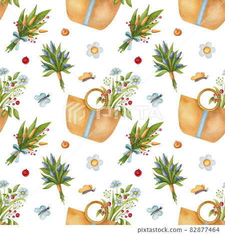 Seamless watercolor pattern with bouquet, flower, bag, butterfly, and berry on light background. Bright summer illustration. Ideal for postcards, greeting cards, wrapping and other design. 82877464