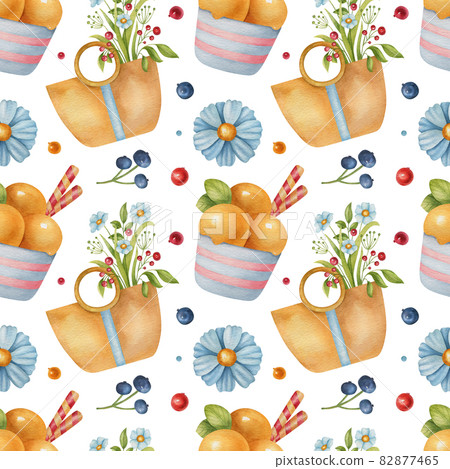 Seamless watercolor pattern with ice cream, flower, bag, and berry on light background. Bright summer illustration. Ideal for postcards, greeting cards, wrapping and other design. Seamless watercolor pattern with ice cream, flower, bag, and berry on light background. Bright summer illustration. Ideal for postcards, greeting cards, wrapping and other design. 82877465