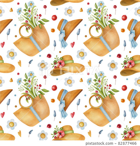 Seamless watercolor pattern with bag, flower, hat, and floral elements on white background. Bright summer illustration. Ideal for textile, wrapping, packaging and other designs. Seamless watercolor pattern with bag, flower, hat, and floral elements on white background. Bright summer illustration. Ideal for textile, wrapping, packaging and other designs. 82877466