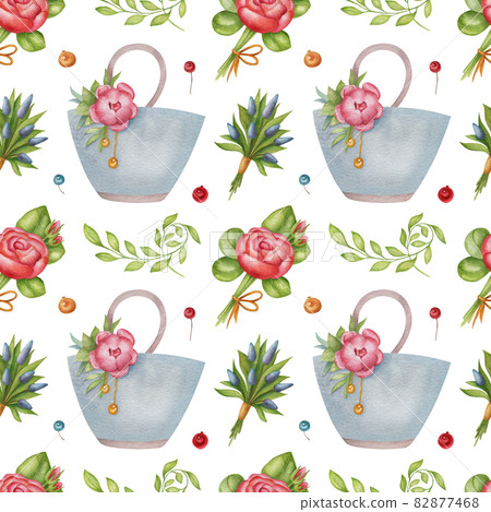 Seamless watercolor pattern with flower bouquet, summer bag and leaf on white background. Ideal for postcards, greeting cards, wrapping and other design. Seamless watercolor pattern with flower bouquet, summer bag and leaf on white background. Ideal for postcards, greeting cards, wrapping and other design. 82877468