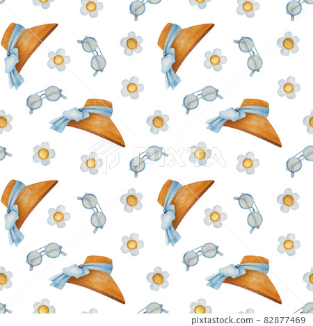Seamless watercolor pattern with glasses, flower, and summer hat on white background. Ideal for postcards, greeting cards, wrapping and other design. Seamless watercolor pattern with glasses, flower, and summer hat on white background. Ideal for postcards, greeting cards, wrapping and other design. 82877469