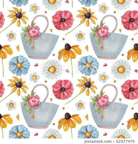 Seamless watercolor pattern with flower and summer bag on white background. Ideal for postcards, greeting cards, wrapping and other design. Seamless watercolor pattern with flower and summer bag on white background. Ideal for postcards, greeting cards, wrapping and other design. 82877470