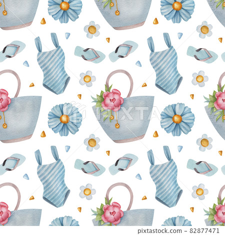 Seamless watercolor pattern with swimwear, flower, summer bag and flip flop on white background. Ideal for postcards, greeting cards, wrapping and other design. Seamless watercolor pattern with swimwear, flower, summer bag and flip flop on white background. Ideal for postcards, greeting cards, wrapping and other design. 82877471