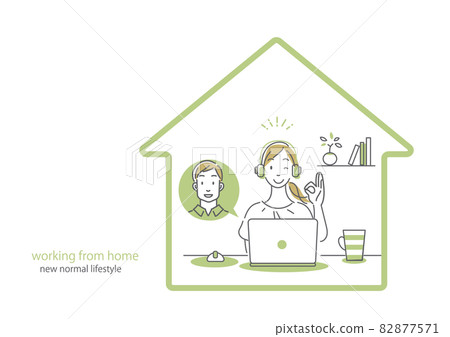 在家中舒適地遠程辦公的女性 簡單時尚的線條畫插圖 在家中舒適地遠程辦公的女性 簡單時尚的線條畫插圖 82877571