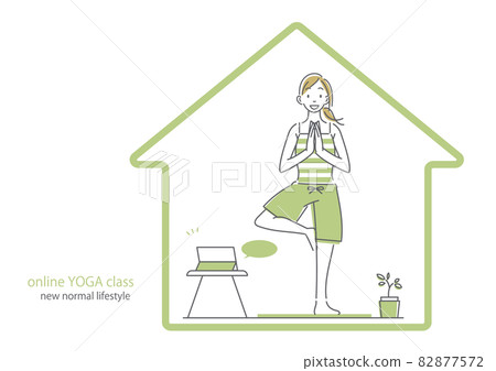 一位女士在家上在線瑜伽課 簡單時尚的線條畫插圖 82877572