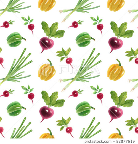 Watercolor seamless pattern with fresh vegetables on the light background. Bright cartoon illustration of radish, beetroot, bell pepper, and green onion. Watercolor seamless pattern with fresh vegetables on the light background. Bright cartoon illustration of radish, beetroot, bell pepper, and green onion. 82877619