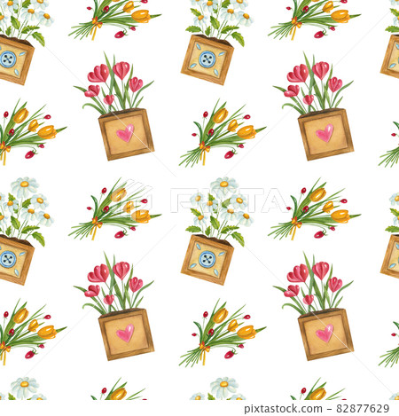 Watercolor seamless pattern with floral composition on the light background. Bright cartoon illustration of crocus, camomile, and bouquet of tulip. Watercolor seamless pattern with floral composition on the light background. Bright cartoon illustration of crocus, camomile, and bouquet of tulip. 82877629