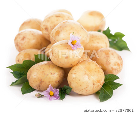 Raw potatoes with flowers and leaves isolated on white background 82877801
