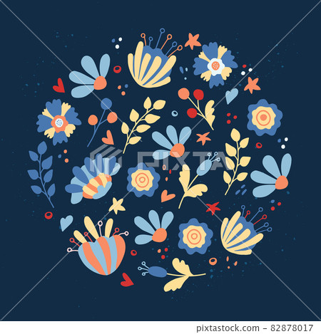 Hand-drawn vector floral round frame template. Floral doodle illustration with space for text. Decor for invitations, greeting cards, posters, design elements. 82878017