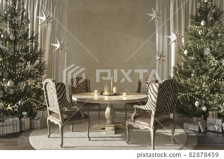 Christmas tree with toys and gifts decorate modern interior scandinavian farmhouse style. 3d rendering illustration dining room with table. 82878459