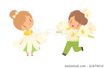 Cute Little Kids Wearing Flower Costume Vector Set Cute Little Kids Wearing Flower Costume Vector Set 82878818
