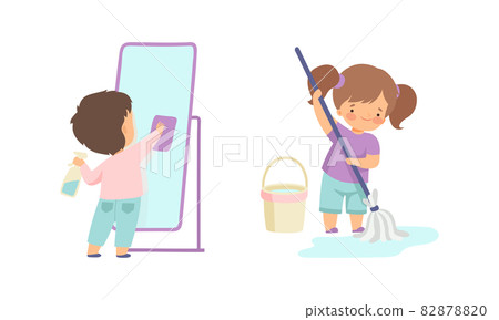 Cute Boy and Girl Doing Housework and Housekeeping Wiping the Mirror and Mopping the Floor Vector Set Cute Boy and Girl Doing Housework and Housekeeping Wiping the Mirror and Mopping the Floor Vector Set 82878820