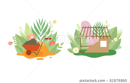 Green City and Eco House Building Among Fresh Flora and Foliage Vector Set Green City and Eco House Building Among Fresh Flora and Foliage Vector Set 82878860