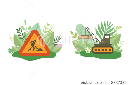Green City and Eco House Building Among Fresh Flora and Foliage Vector Set 82878861