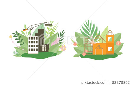 Green City and Eco House Building Among Fresh Flora and Foliage Vector Set Green City and Eco House Building Among Fresh Flora and Foliage Vector Set 82878862