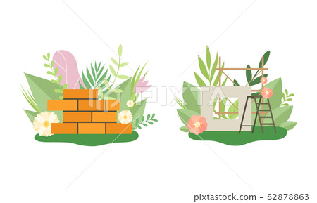 Green City and Eco House Building Among Fresh Flora and Foliage Vector Set Green City and Eco House Building Among Fresh Flora and Foliage Vector Set 82878863