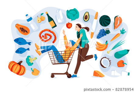 two girls ride in supermarket trolley with many goods, drinks, fresh fruits and vegetables around them. Supermarket and grocery store concept, Flat vector illustration two girls ride in supermarket trolley with many goods, drinks, fresh fruits and vegetables around them. Supermarket and grocery store concept, Flat vector illustration 82878954